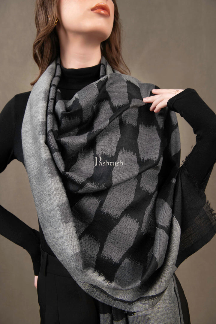 Pashtush India Womens Stoles and Scarves Scarf Pashtush Womens Extra Fine Wool Silk Stole, Ikkat Design, Black And Grey