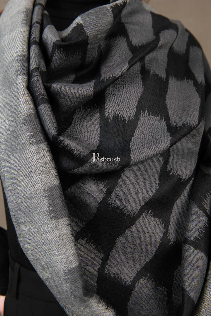 Pashtush India Womens Stoles and Scarves Scarf Pashtush Womens Extra Fine Wool Silk Stole, Ikkat Design, Black And Grey