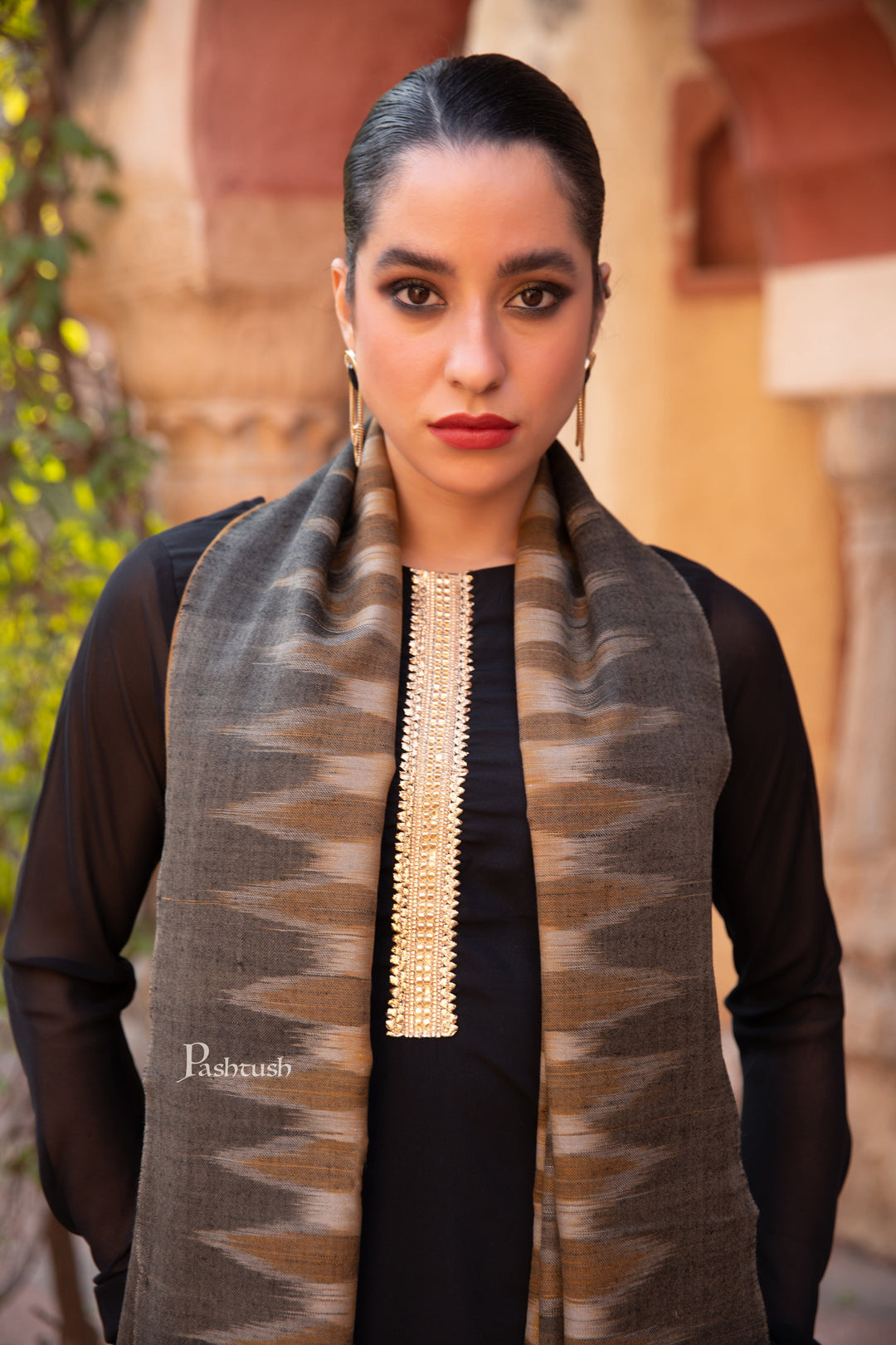 Pashtush India Womens Stoles and Scarves Scarf Pashtush Womens Extra Fine Wool Silk Stole, Ikkat Design, Black And Mustard
