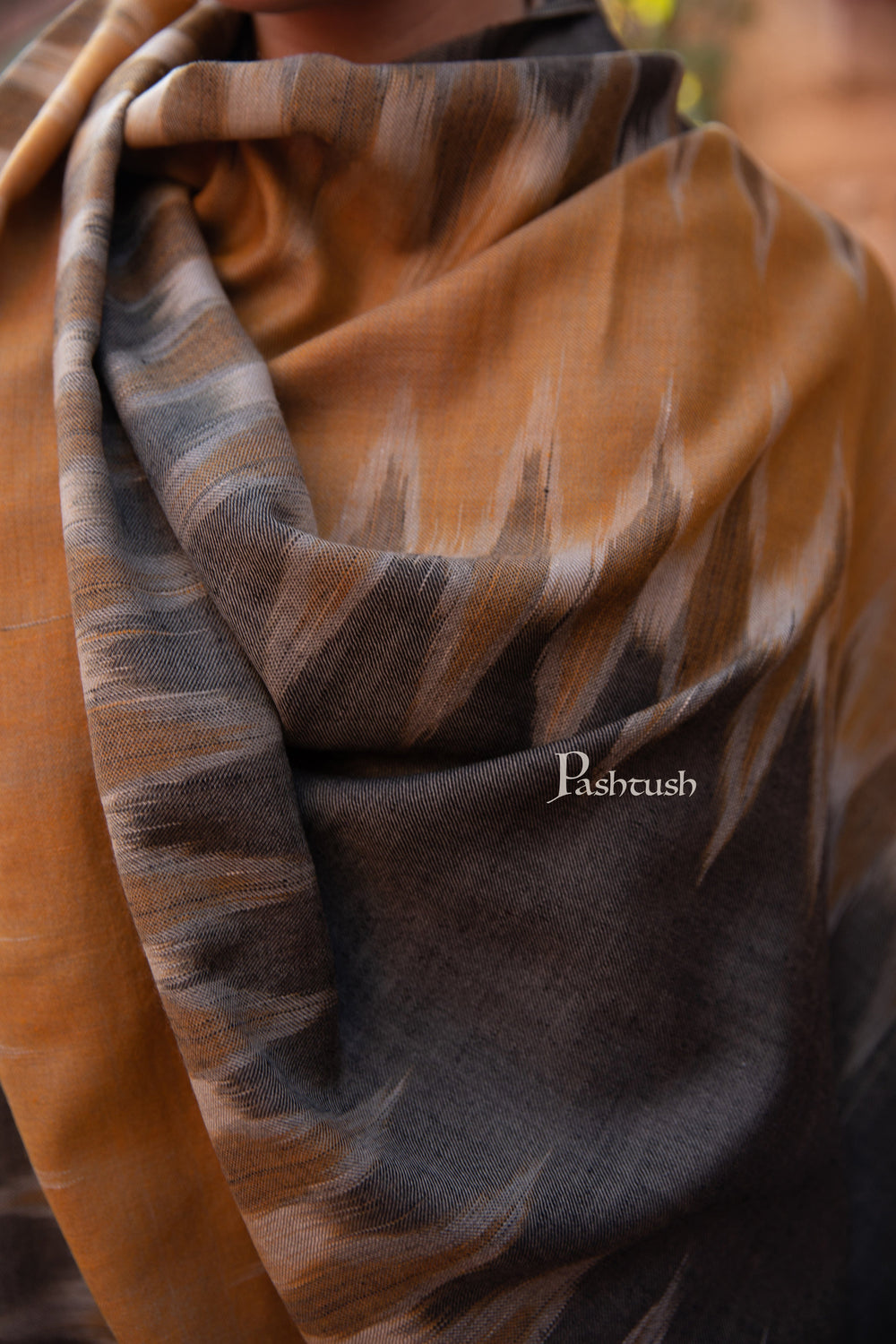 Pashtush India Womens Stoles and Scarves Scarf Pashtush Womens Extra Fine Wool Silk Stole, Ikkat Design, Black And Mustard