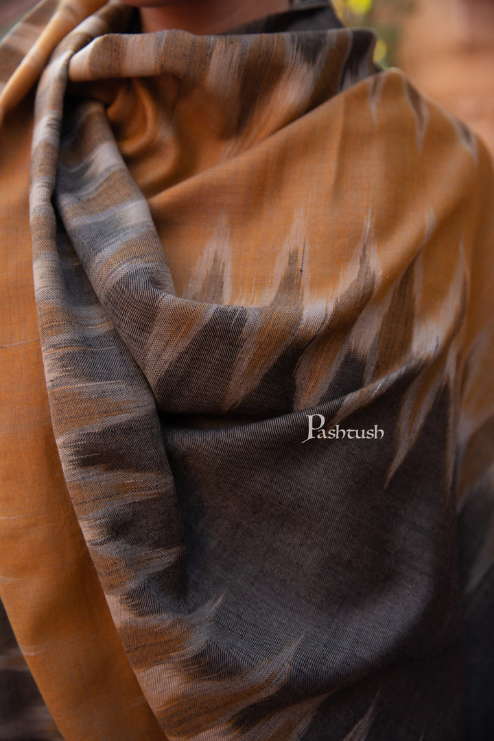 Pashtush India Womens Stoles and Scarves Scarf Pashtush Womens Extra Fine Wool Silk Stole, Ikkat Design, Black And Mustard