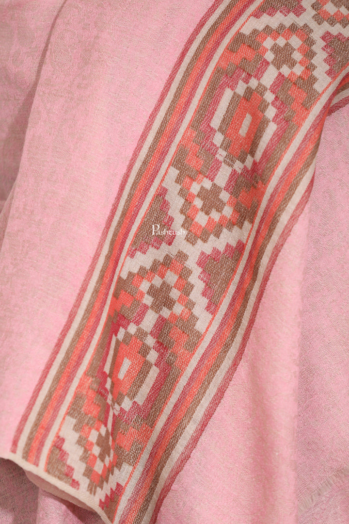 Pashtush India Womens Stoles Pashtush Womens Extra Fine Wool Stole, Aztec Weave Design, Beige and Pink