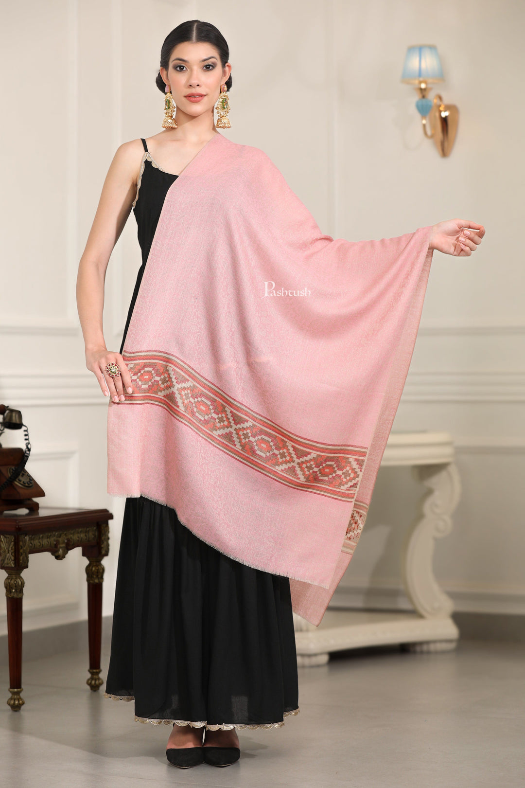 Pashtush India Womens Stoles Pashtush Womens Extra Fine Wool Stole, Aztec Weave Design, Beige and Pink