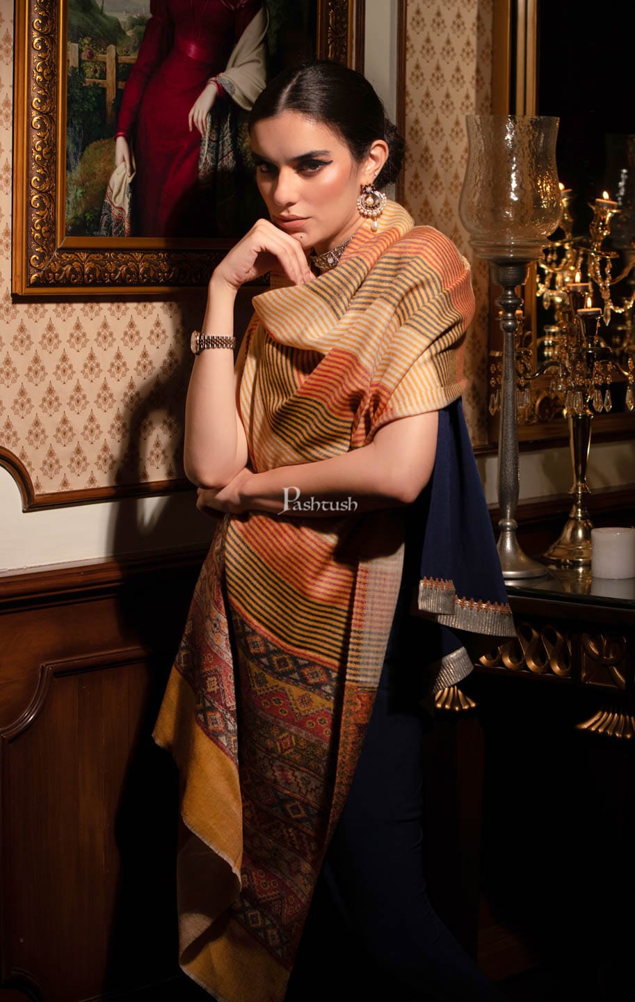 Pashtush India Womens Stoles and Scarves Scarf Pashtush womens Extra Fine Wool Stole, Aztec Weave, Reversible design, Multicolour