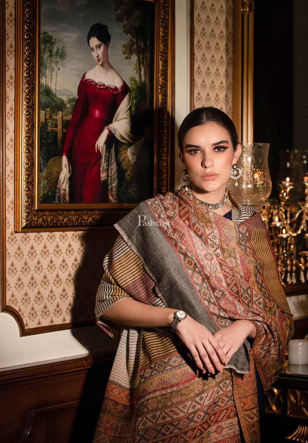 Pashtush India Womens Stoles and Scarves Scarf Pashtush womens Extra Fine Wool Stole, Aztec Weave, Reversible design, Multicolour