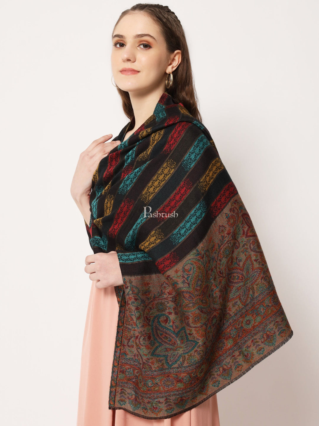Pashtush India Womens Stoles and Scarves Scarf Pashtush Womens Extra Fine Wool Stole, Aztec Weave With Zari Design, Multicolour