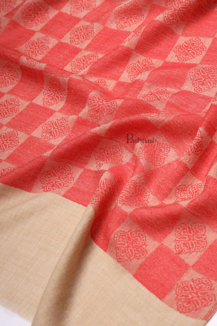 Pashtush India Womens Stoles and Scarves Scarf Pashtush Womens Extra Fine Wool Stole, Checkered Design, Beige And Red