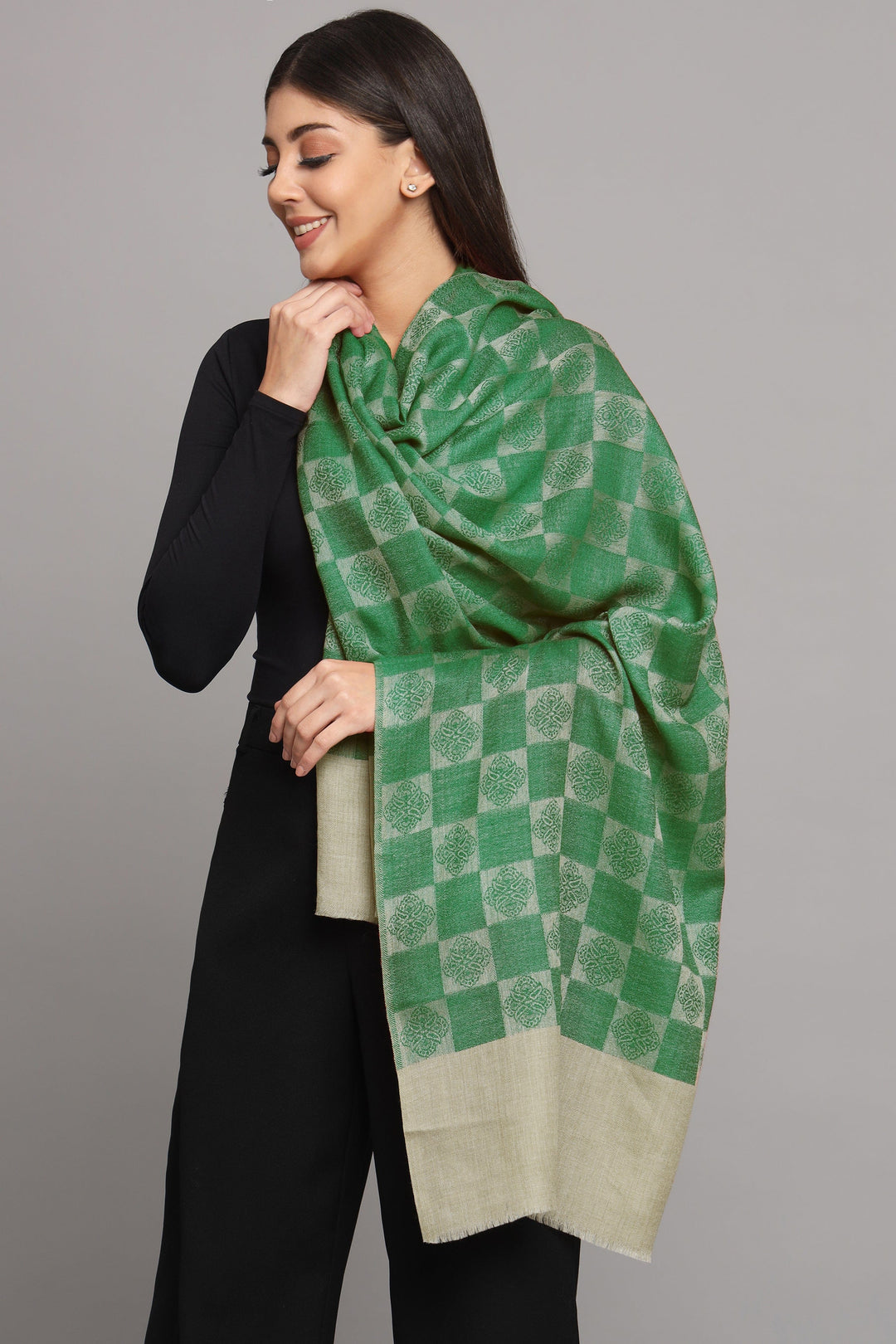 Pashtush India Womens Stoles and Scarves Scarf Pashtush Womens Extra Fine Wool Stole, Checkered Design, Bottle Green