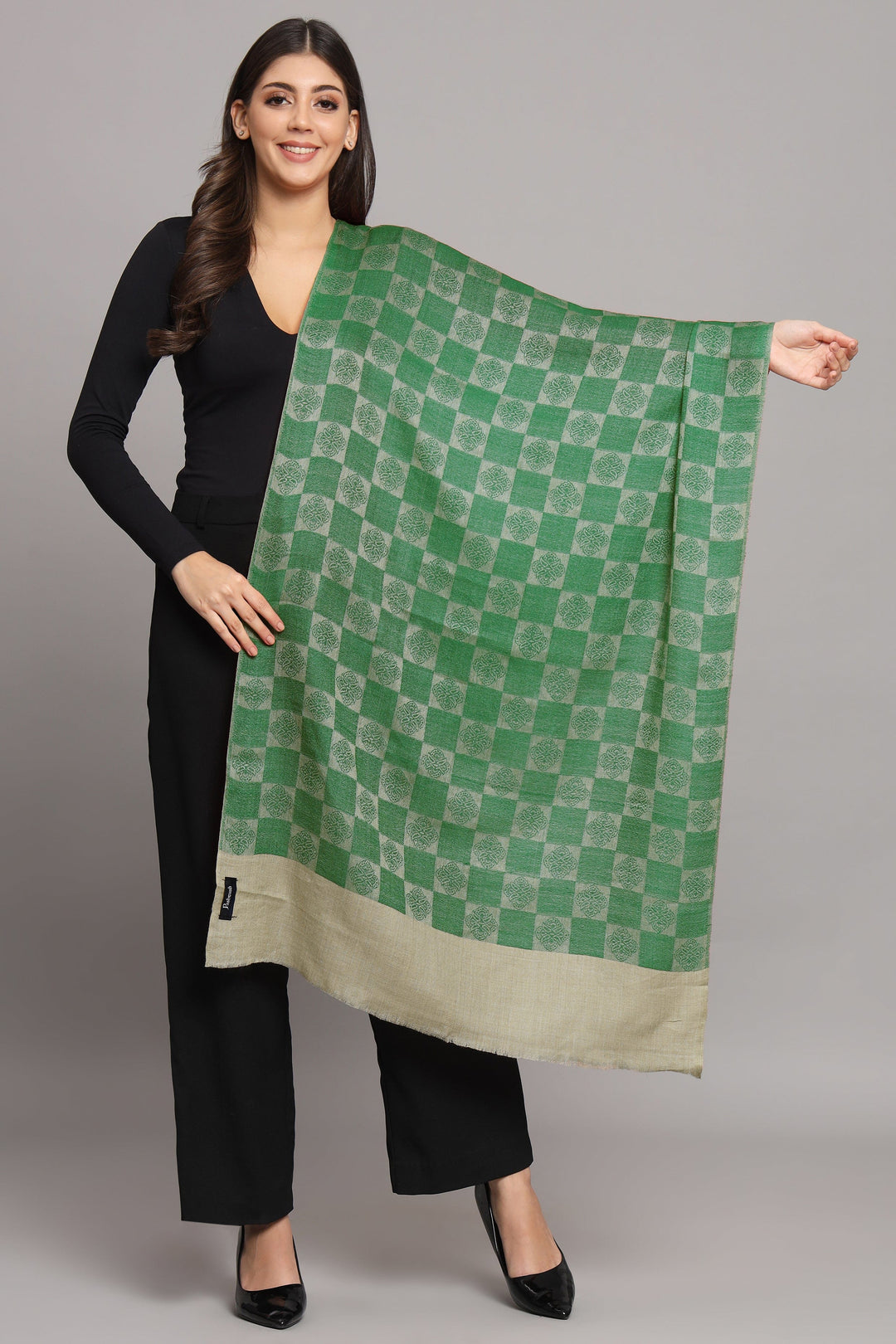 Pashtush India Womens Stoles and Scarves Scarf Pashtush Womens Extra Fine Wool Stole, Checkered Design, Bottle Green