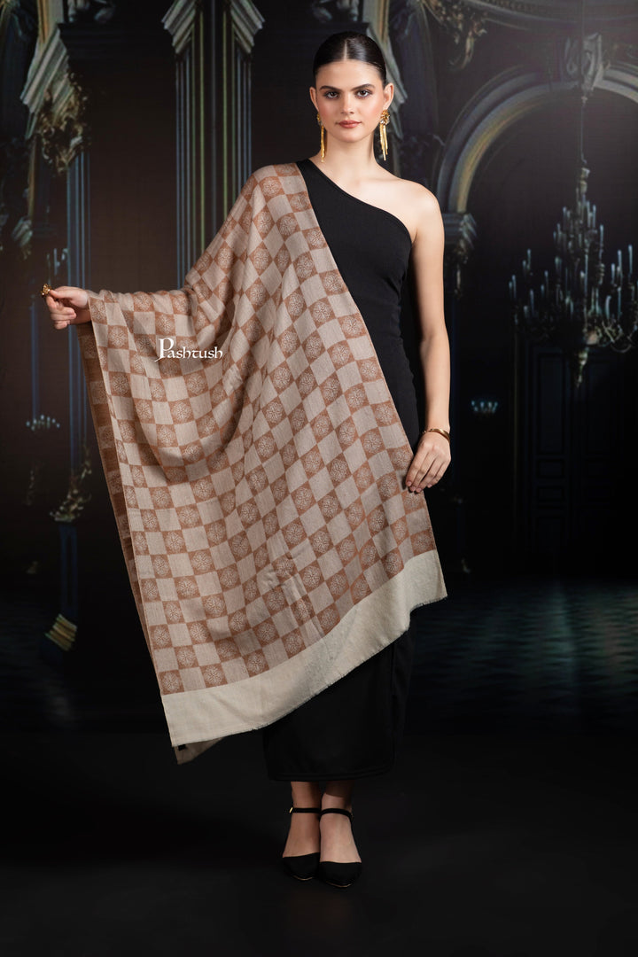 Pashtush India womens scarf and Stoles Pashtush Womens Extra Fine Wool Stole, Checkered Design, Coffee And Beige