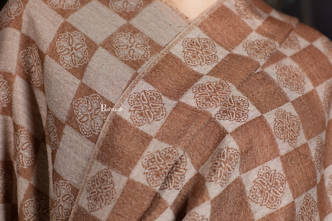 Pashtush India womens scarf and Stoles Pashtush Womens Extra Fine Wool Stole, Checkered Design, Coffee And Beige