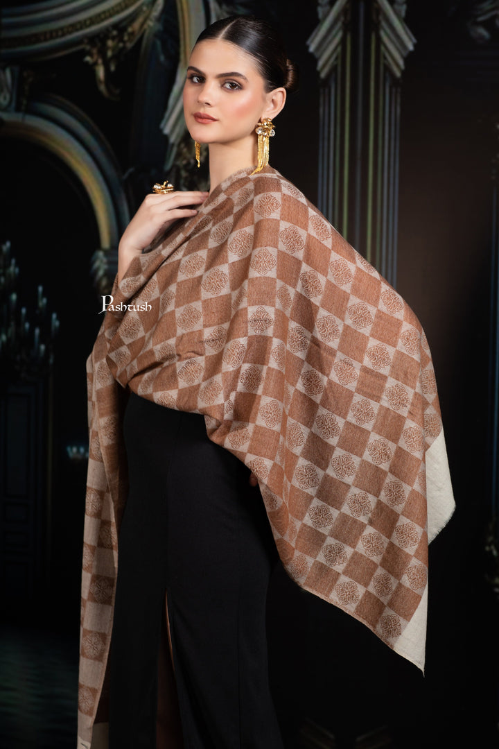 Pashtush India womens scarf and Stoles Pashtush Womens Extra Fine Wool Stole, Checkered Design, Coffee And Beige