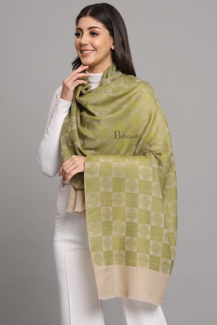 Pashtush India Womens Stoles and Scarves Scarf Pashtush Womens Extra Fine Wool Stole, Checkered Design, Green