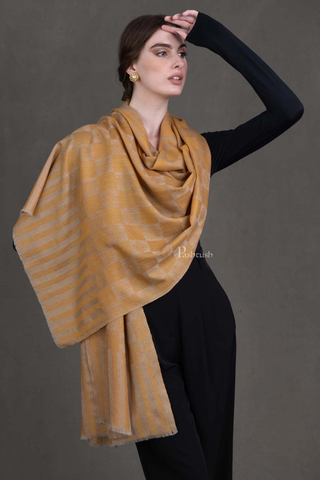 Pashtush India Womens Stoles and Scarves Scarf Pashtush Womens Extra Fine Wool Stole, Checkered Design, Mustard