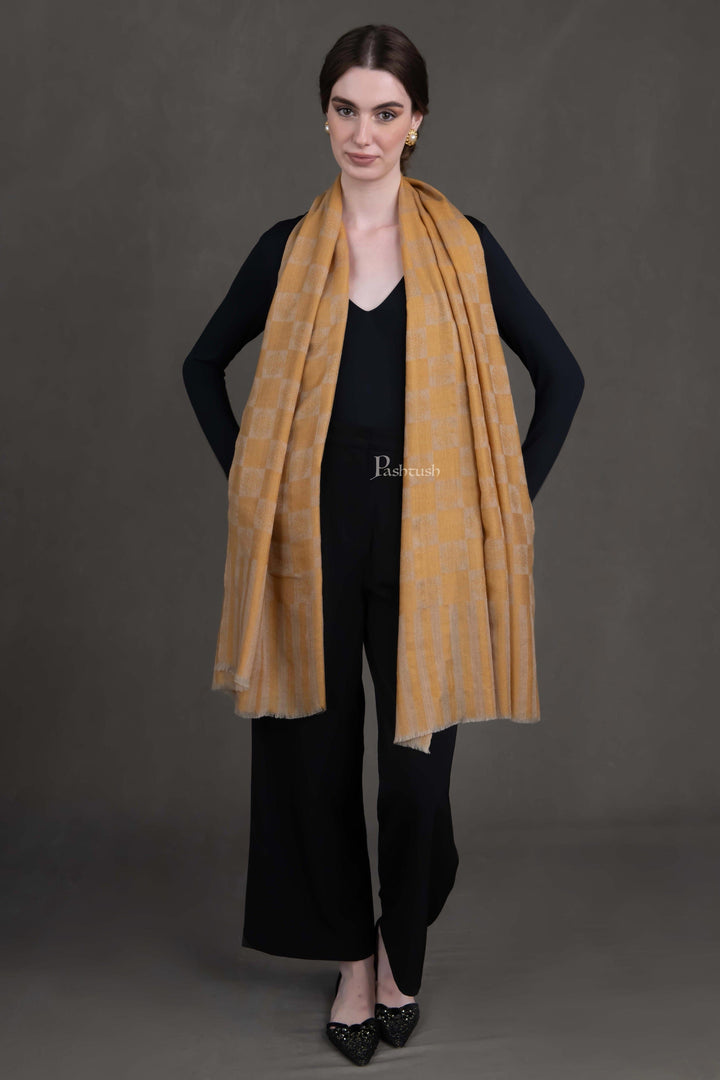Pashtush India Womens Stoles and Scarves Scarf Pashtush Womens Extra Fine Wool Stole, Checkered Design, Mustard
