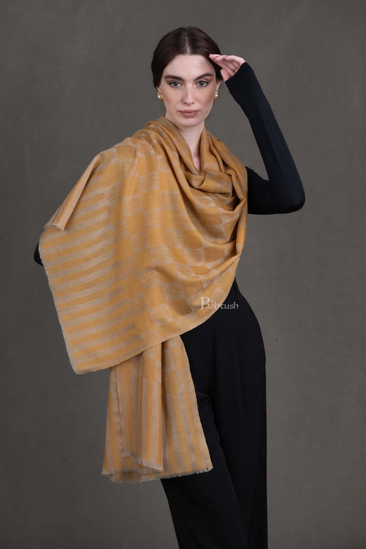 Pashtush India Womens Stoles and Scarves Scarf Pashtush Womens Extra Fine Wool Stole, Checkered Design, Mustard