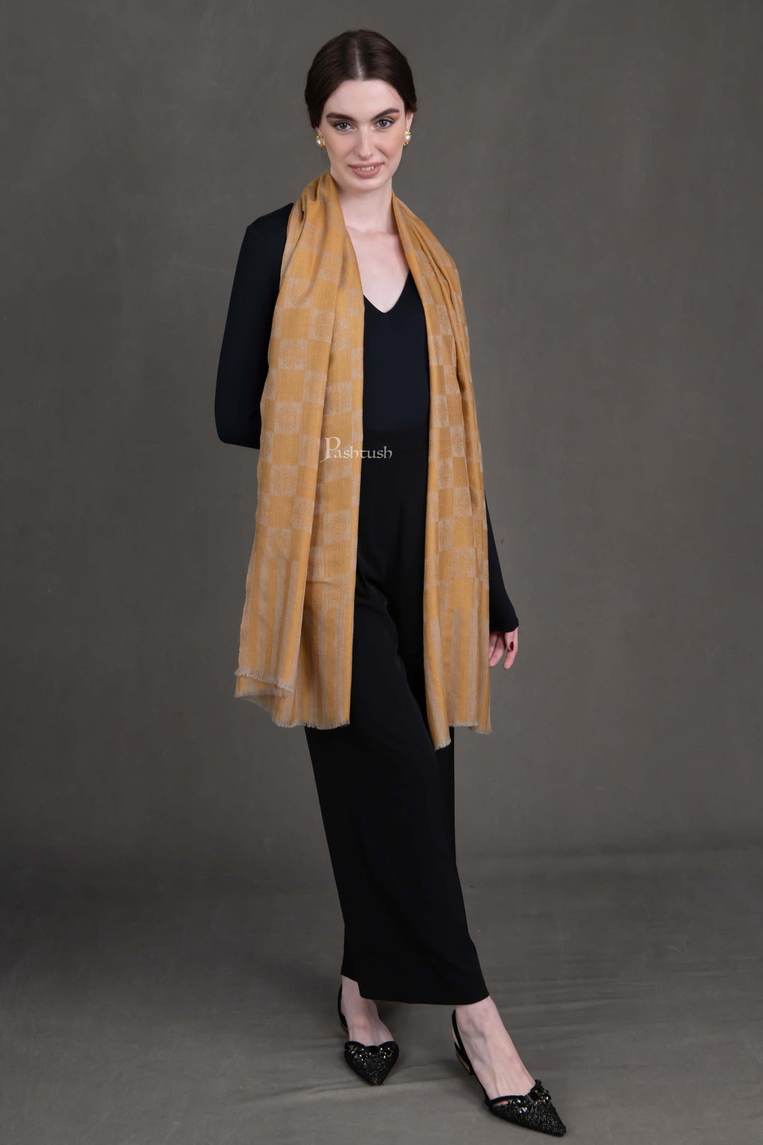 Pashtush India Womens Stoles and Scarves Scarf Pashtush Womens Extra Fine Wool Stole, Checkered Design, Mustard