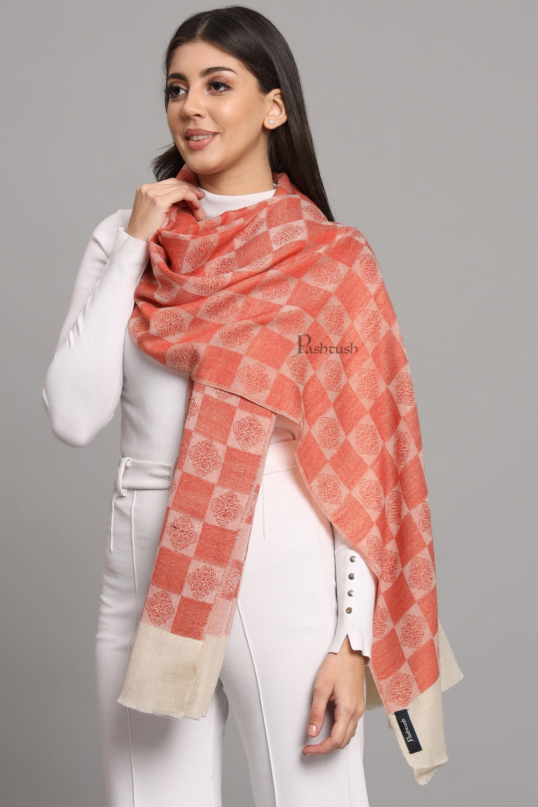 Pashtush India Womens Stoles and Scarves Scarf Pashtush Womens Extra Fine Wool Stole, Checkered Design, Orange