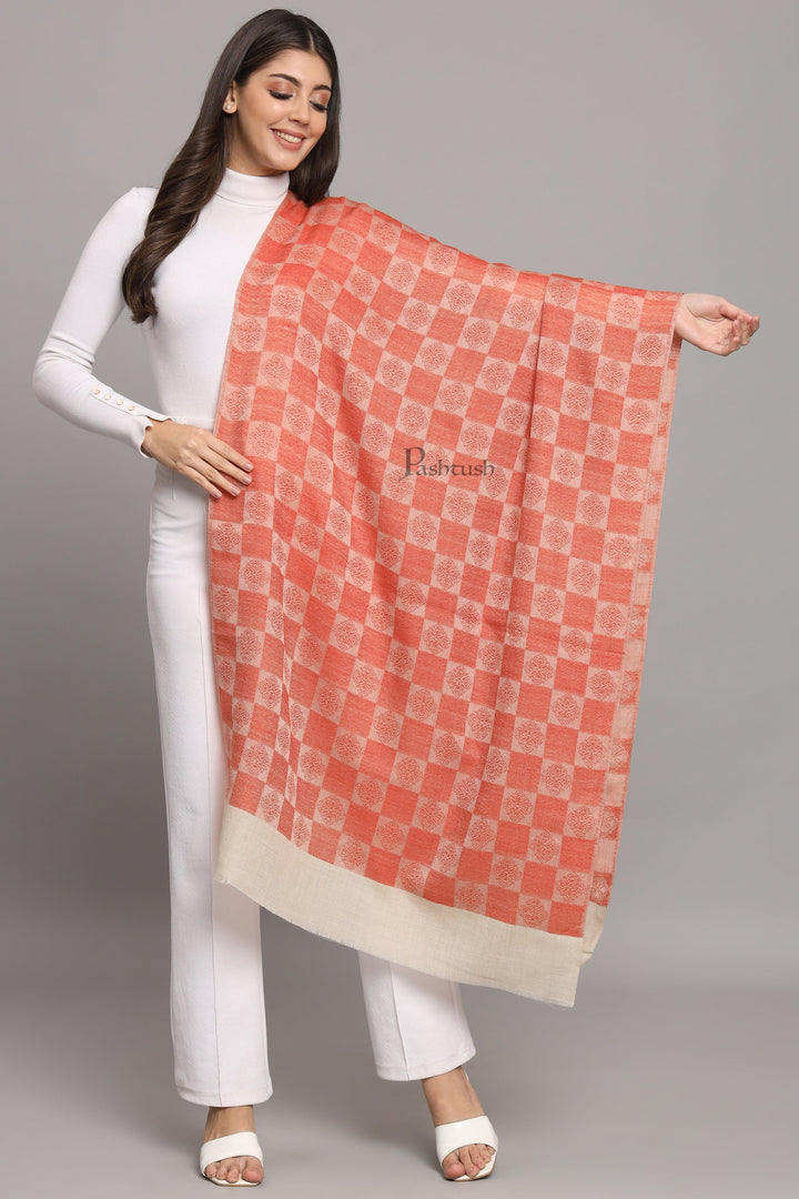 Pashtush India Womens Stoles and Scarves Scarf Pashtush Womens Extra Fine Wool Stole, Checkered Design, Orange