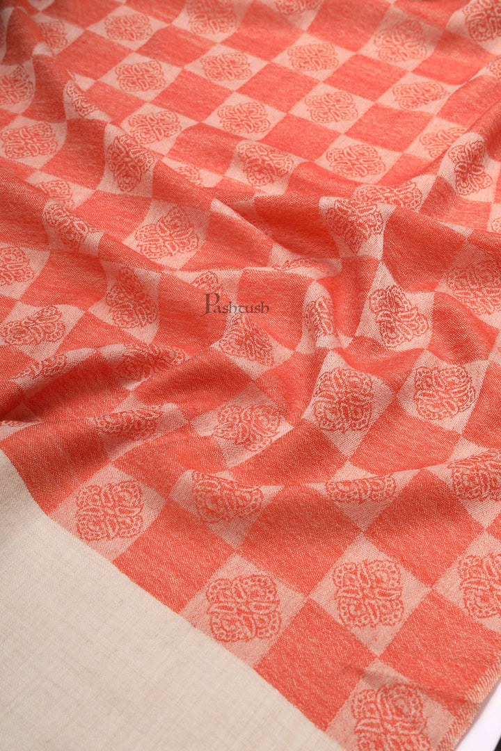 Pashtush India Womens Stoles and Scarves Scarf Pashtush Womens Extra Fine Wool Stole, Checkered Design, Orange