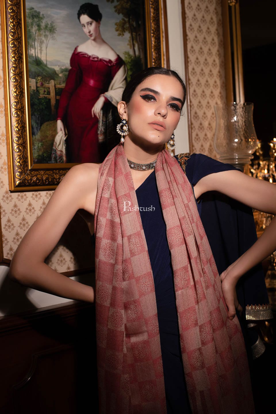 Pashtush India Womens Stoles and Scarves Scarf Pashtush womens Extra Fine Wool Stole, Checkered design, Peach