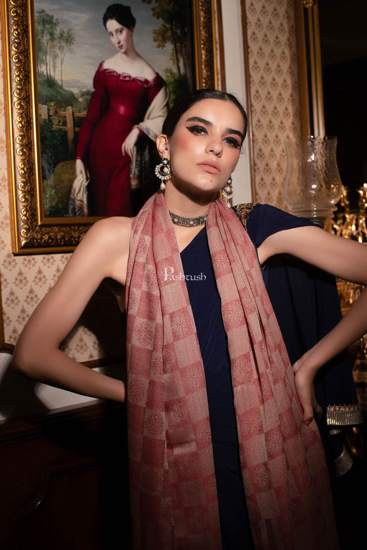 Pashtush India Womens Stoles and Scarves Scarf Pashtush womens Extra Fine Wool Stole, Checkered design, Peach