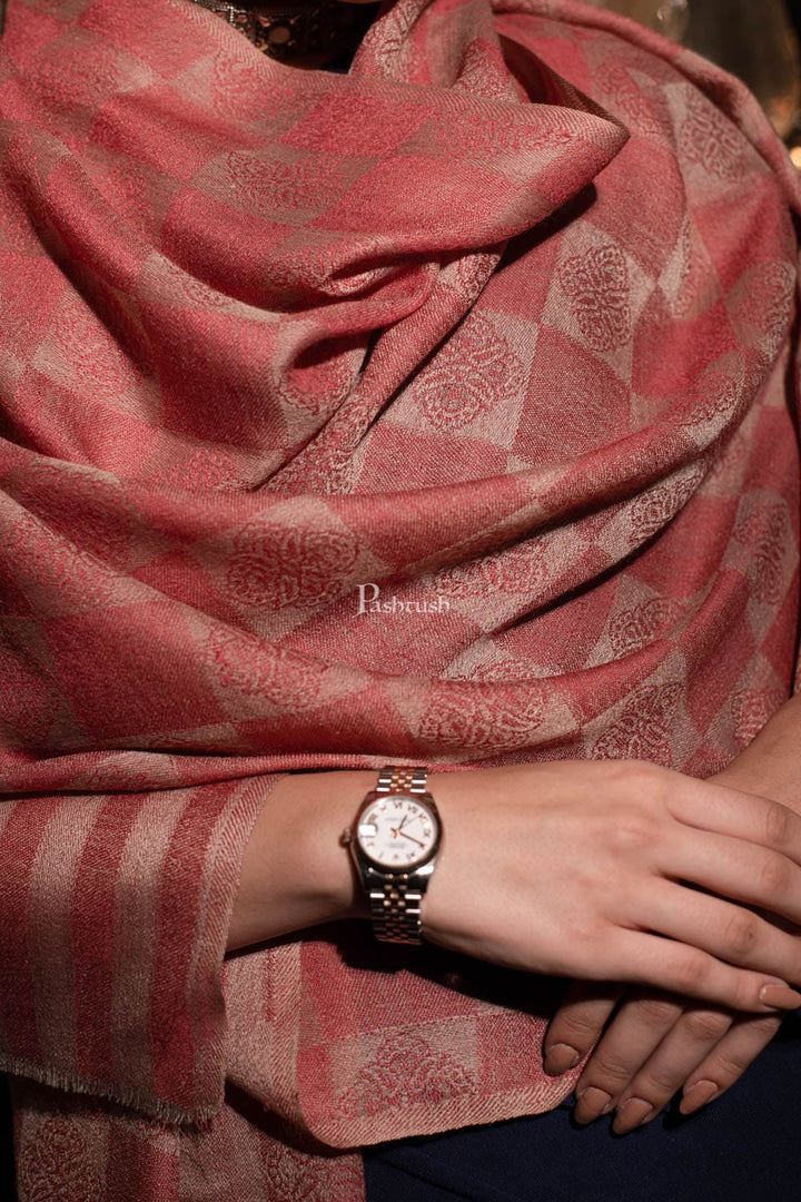 Pashtush India Womens Stoles and Scarves Scarf Pashtush womens Extra Fine Wool Stole, Checkered design, Peach