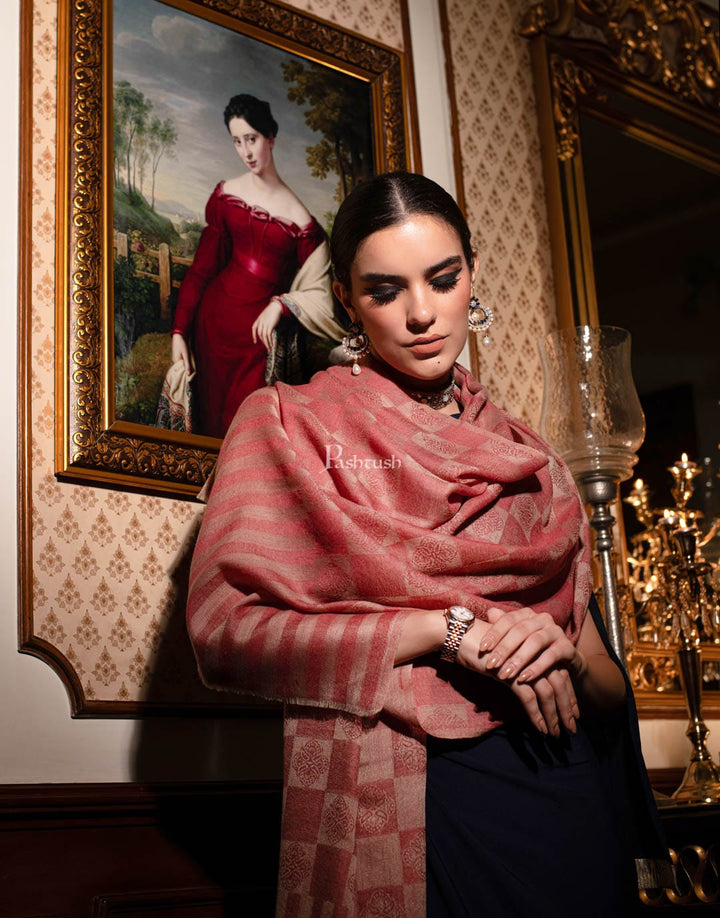 Pashtush India Womens Stoles and Scarves Scarf Pashtush womens Extra Fine Wool Stole, Checkered design, Peach