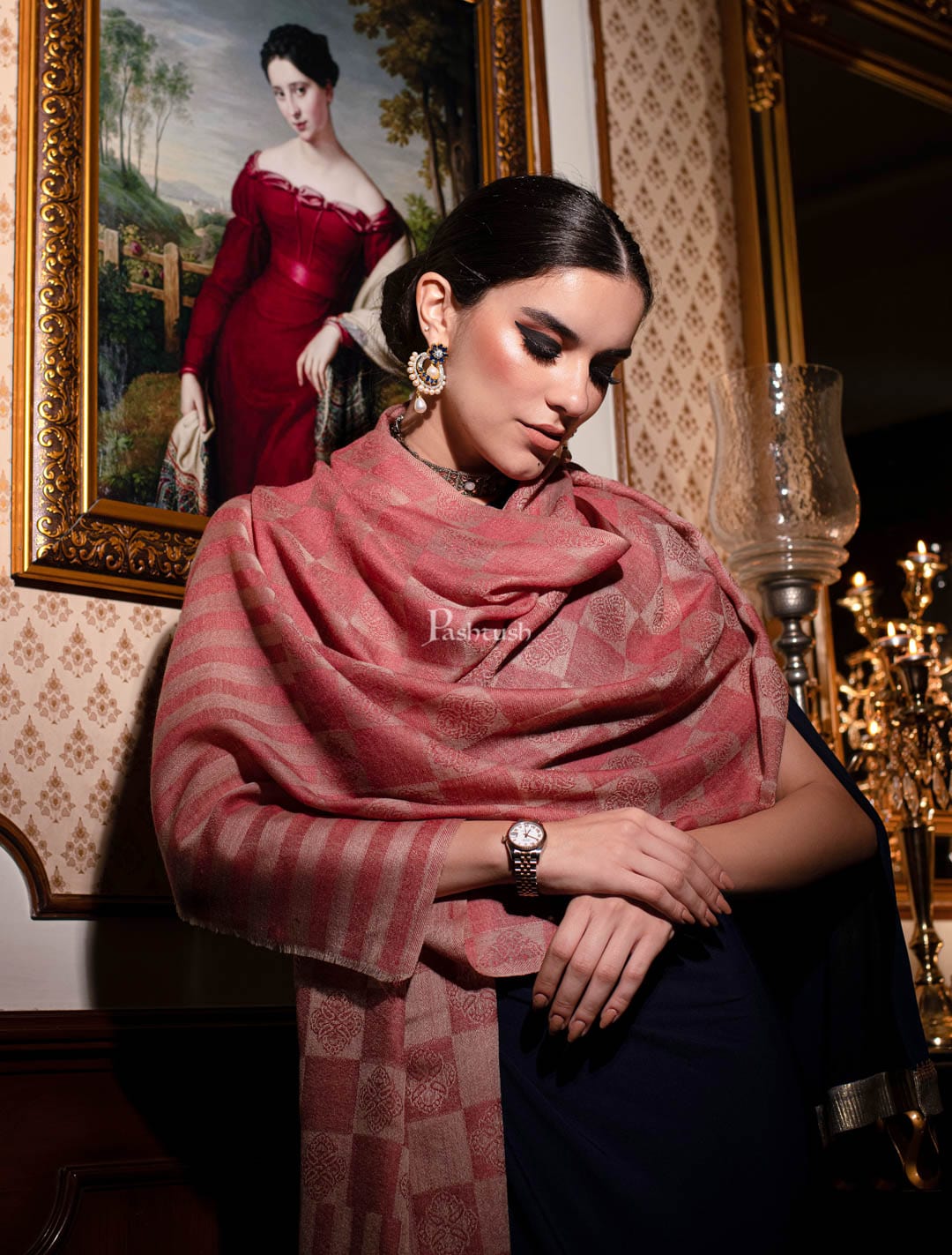 Pashtush India Womens Stoles and Scarves Scarf Pashtush womens Extra Fine Wool Stole, Checkered design, Peach