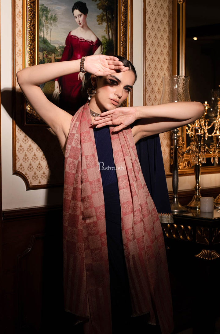 Pashtush India Womens Stoles and Scarves Scarf Pashtush womens Extra Fine Wool Stole, Checkered design, Peach