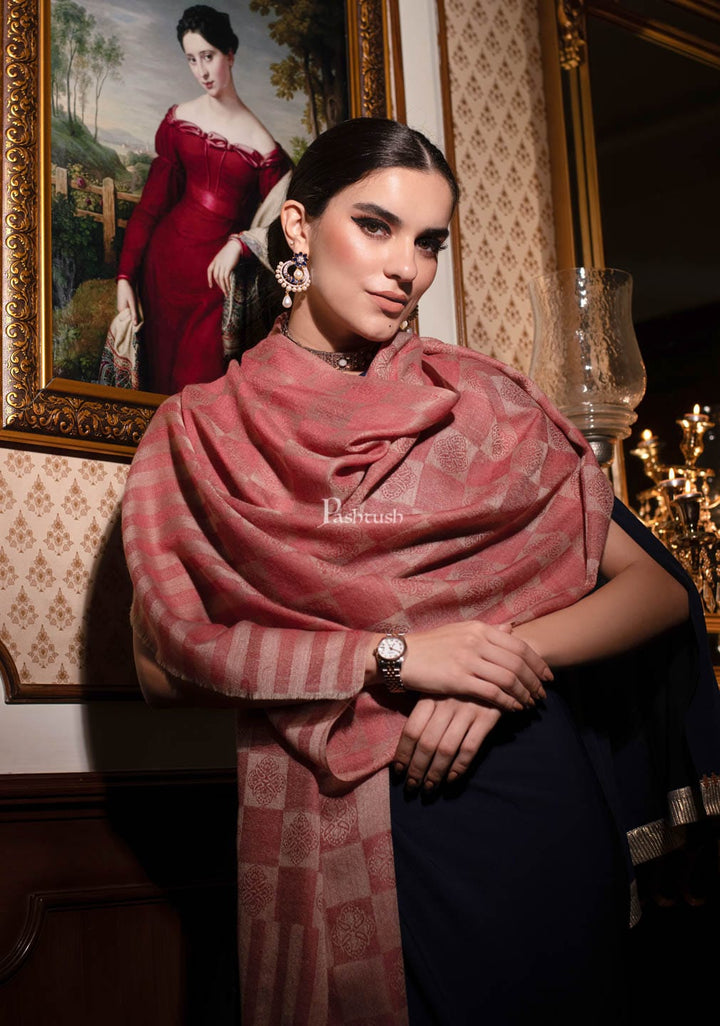 Pashtush India Womens Stoles and Scarves Scarf Pashtush womens Extra Fine Wool Stole, Checkered design, Peach