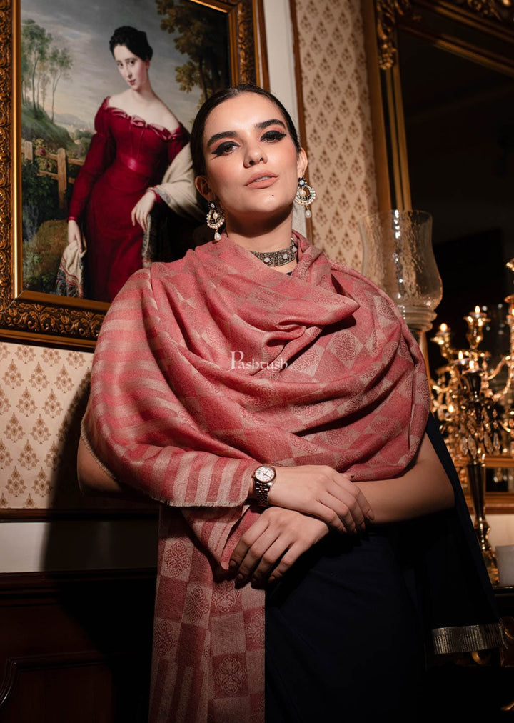 Pashtush India Womens Stoles and Scarves Scarf Pashtush womens Extra Fine Wool Stole, Checkered design, Peach