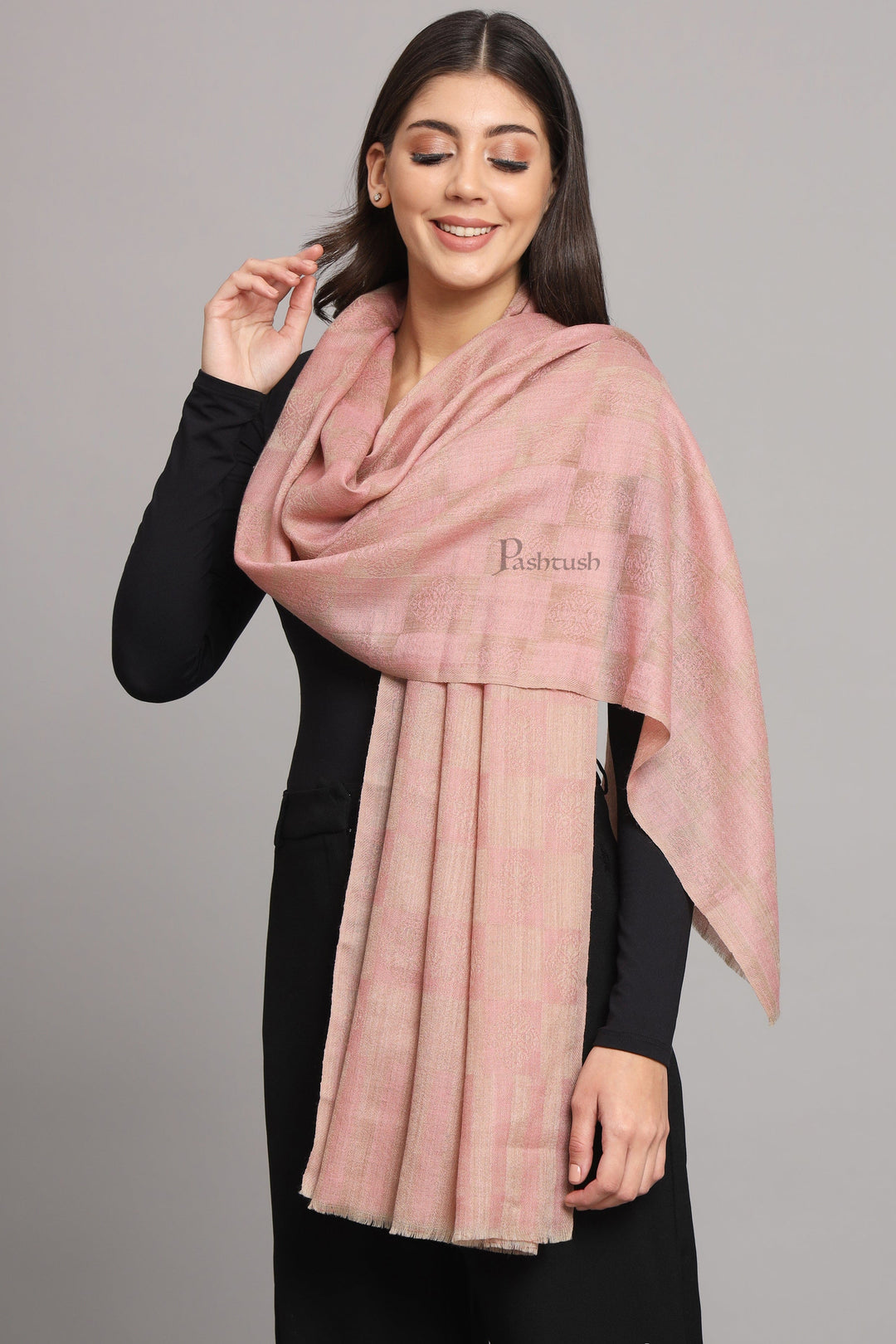 Pashtush India Womens Stoles and Scarves Scarf Pashtush Womens Extra Fine Wool Stole, Checkered Design, Pink