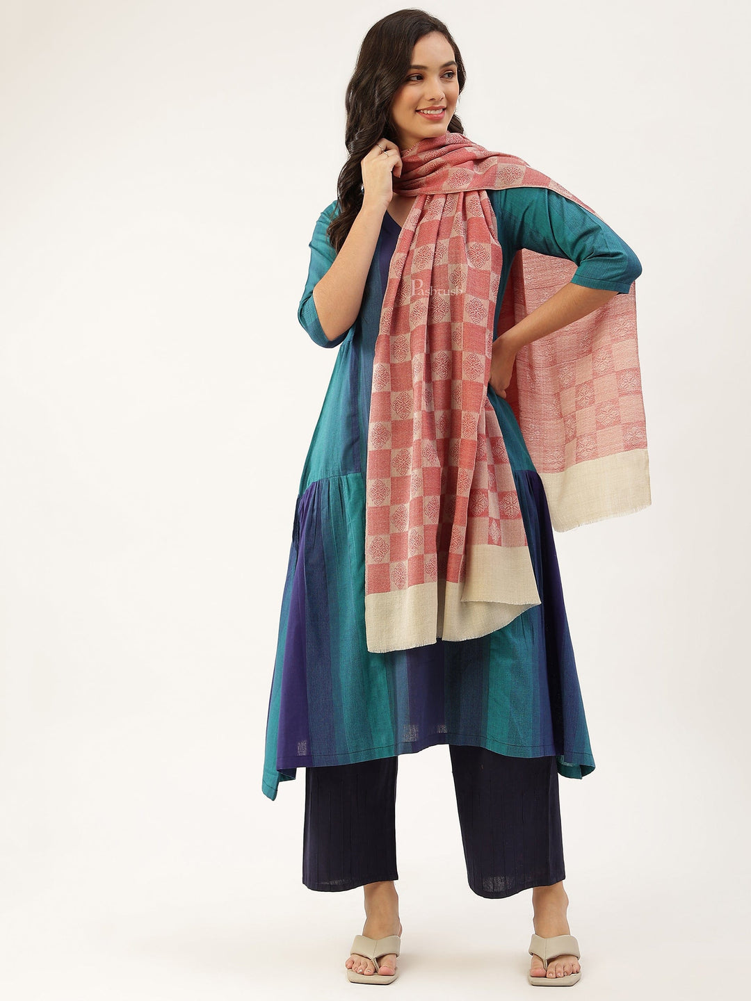 Pashtush India Womens Stoles and Scarves Scarf Pashtush Womens Extra Fine Wool stole, checkered design, Rose