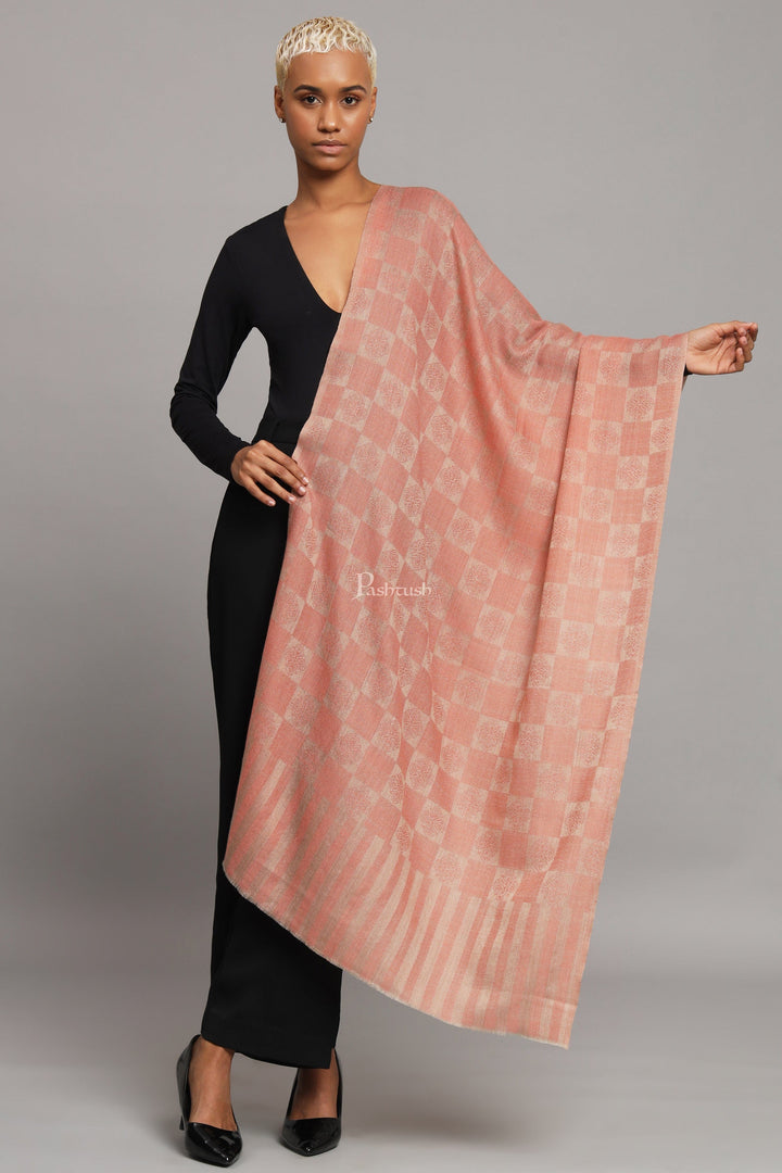 Pashtush India Womens Stoles Pashtush Womens Extra Fine Wool Stole, Checkered Weave Design, Pink