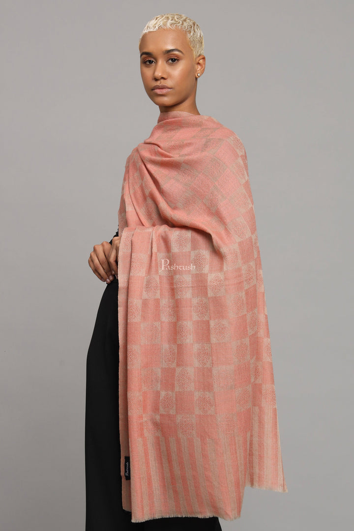 Pashtush India Womens Stoles Pashtush Womens Extra Fine Wool Stole, Checkered Weave Design, Pink