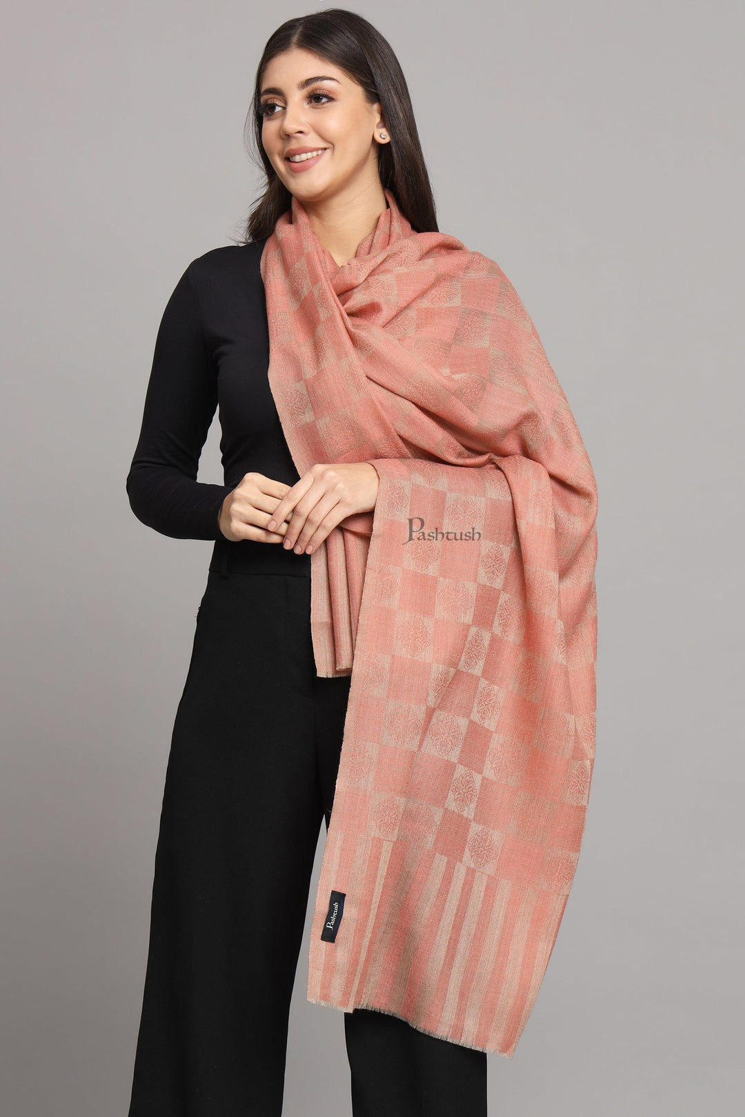 Pashtush India Womens Stoles Pashtush Womens Extra Fine Wool Stole, Checkered Weave Design, Rose