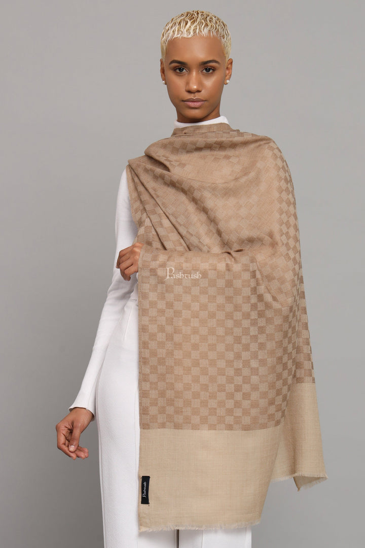 Pashtush India Womens Stoles Pashtush Womens Extra Fine Wool Stole, Checkered Weave Design, Taupe