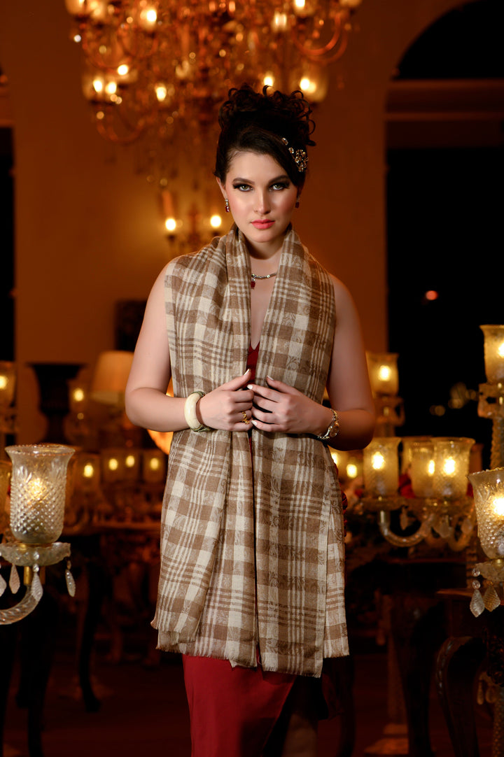 Pashtush India Womens Stoles and Scarves Scarf Pashtush Womens Extra Fine Wool Stole, Checkered With Stripe Design, Beige