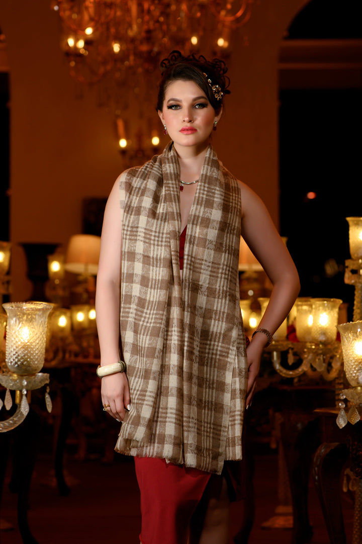 Pashtush India Womens Stoles and Scarves Scarf Pashtush Womens Extra Fine Wool Stole, Checkered With Stripe Design, Beige