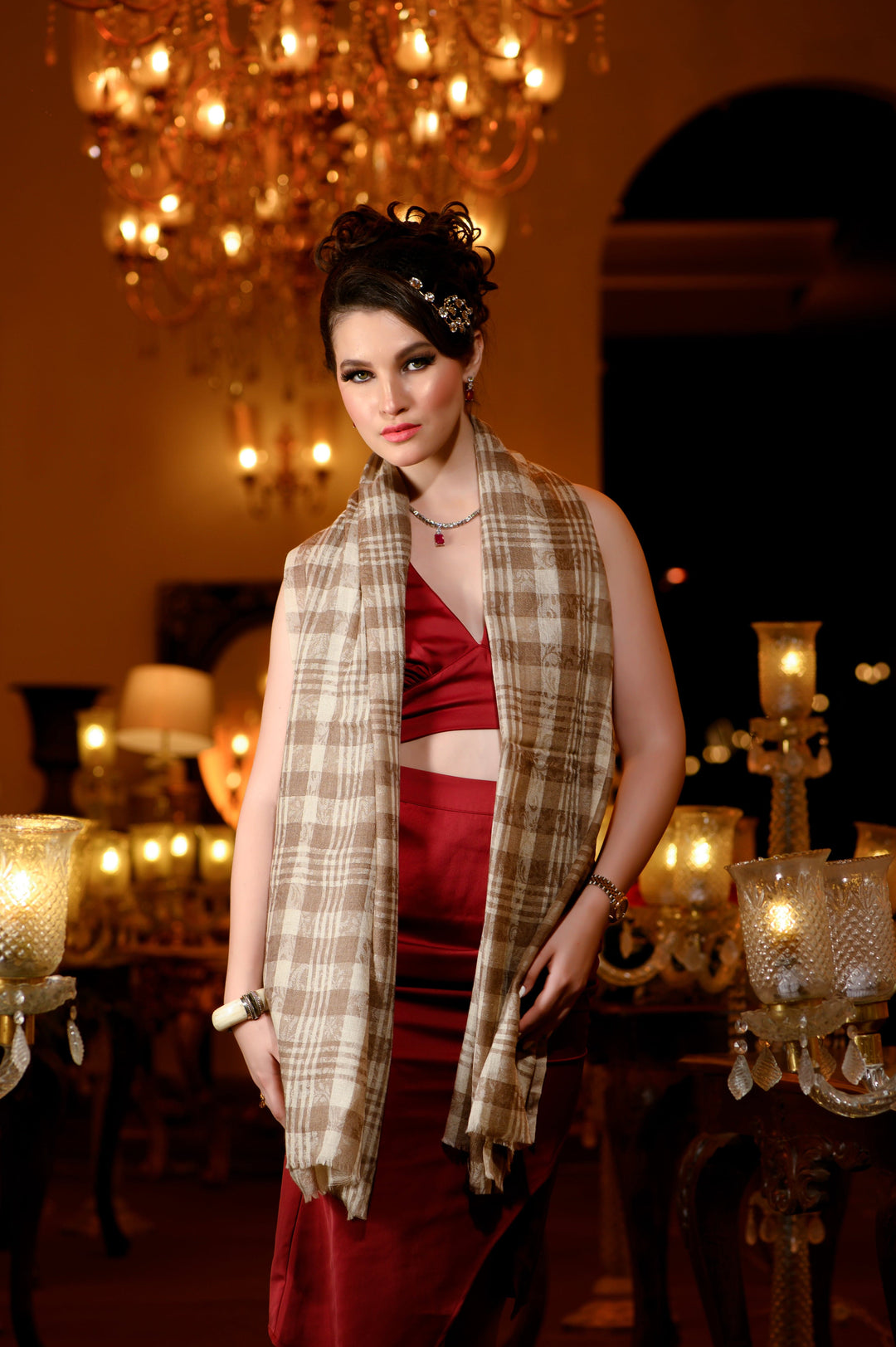 Pashtush India Womens Stoles and Scarves Scarf Pashtush Womens Extra Fine Wool Stole, Checkered With Stripe Design, Beige