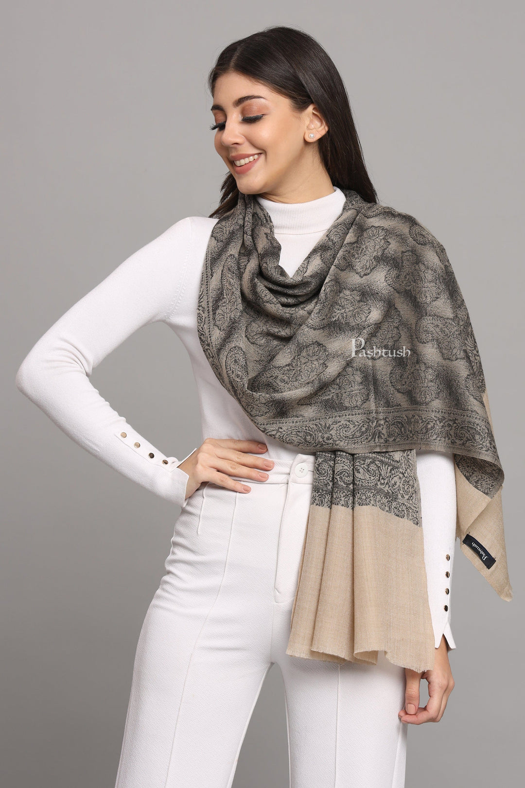 Pashtush India Womens Stoles and Scarves Scarf Pashtush Womens Extra Fine Wool Stole,  Design, Black