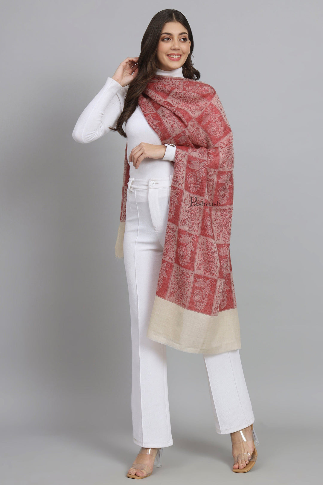 Pashtush India Womens Stoles and Scarves Scarf Pashtush Womens Extra Fine Wool Stole,  Design, Maroon