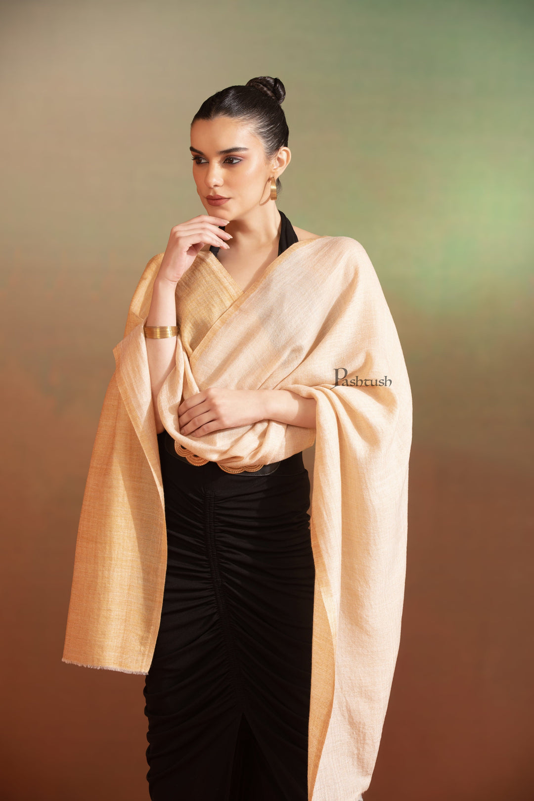 Pashtush India Womens Stoles and Scarves Scarf Pashtush Womens Extra Fine Wool Stole, Don'T Know Design, Grey Gold