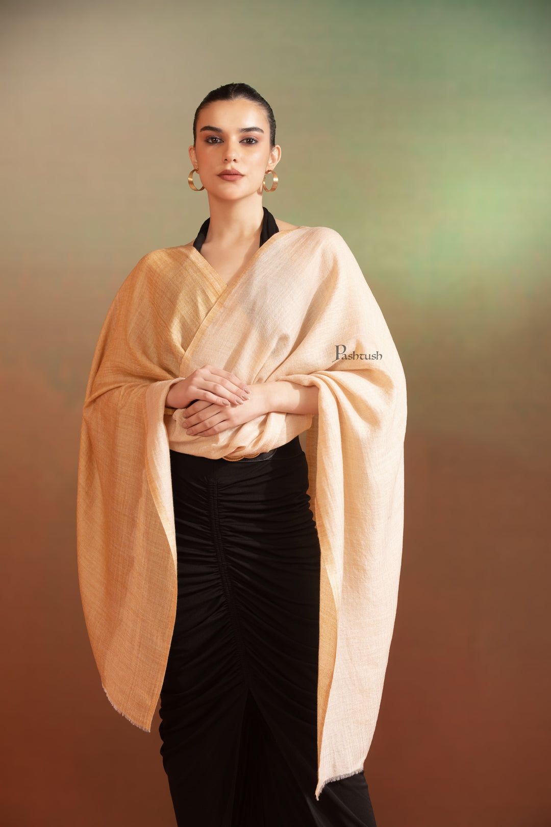 Pashtush India Womens Stoles and Scarves Scarf Pashtush Womens Extra Fine Wool Stole, Don'T Know Design, Grey Gold