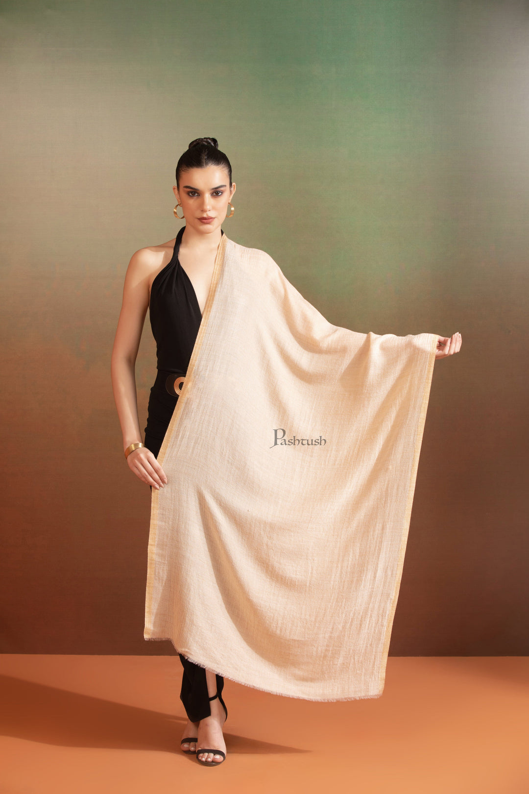 Pashtush India Womens Stoles and Scarves Scarf Pashtush Womens Extra Fine Wool Stole, Don'T Know Design, Grey Gold