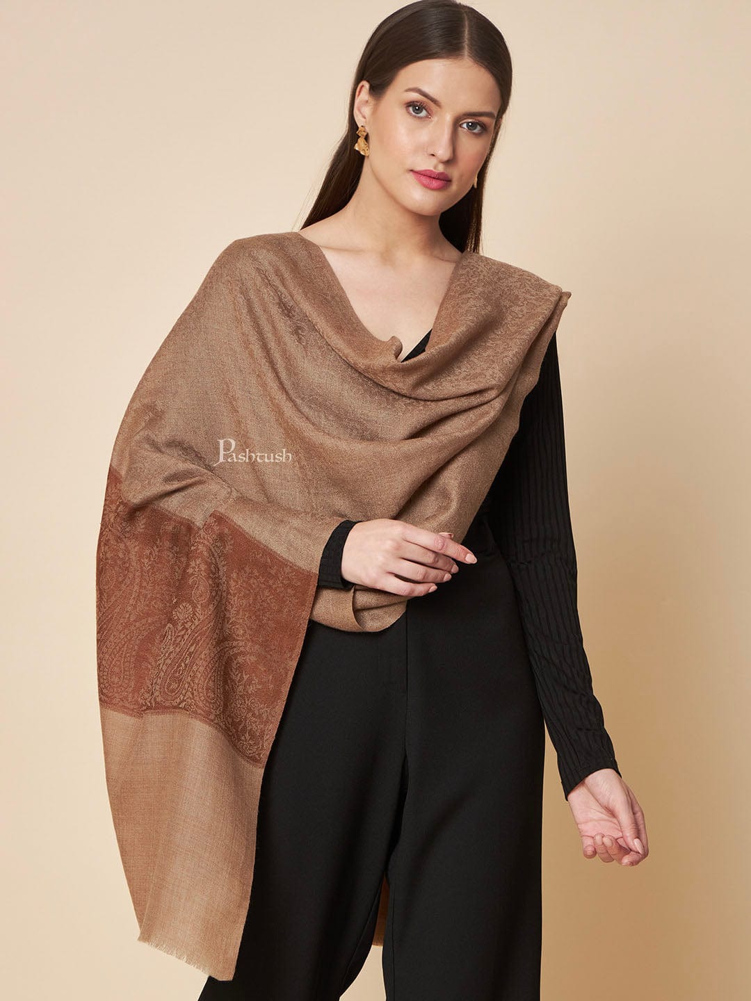 Pashtush India Womens Stoles and Scarves Scarf Pashtush Womens Extra Fine Wool Stole, Ethnic Palla Design, Taupe
