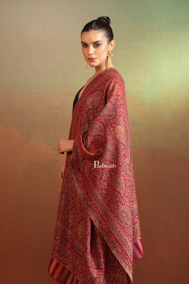 Pashtush India Womens Stole Pashtush Womens Extra Fine Wool Stole, Ethnic Weave Design, Crimson