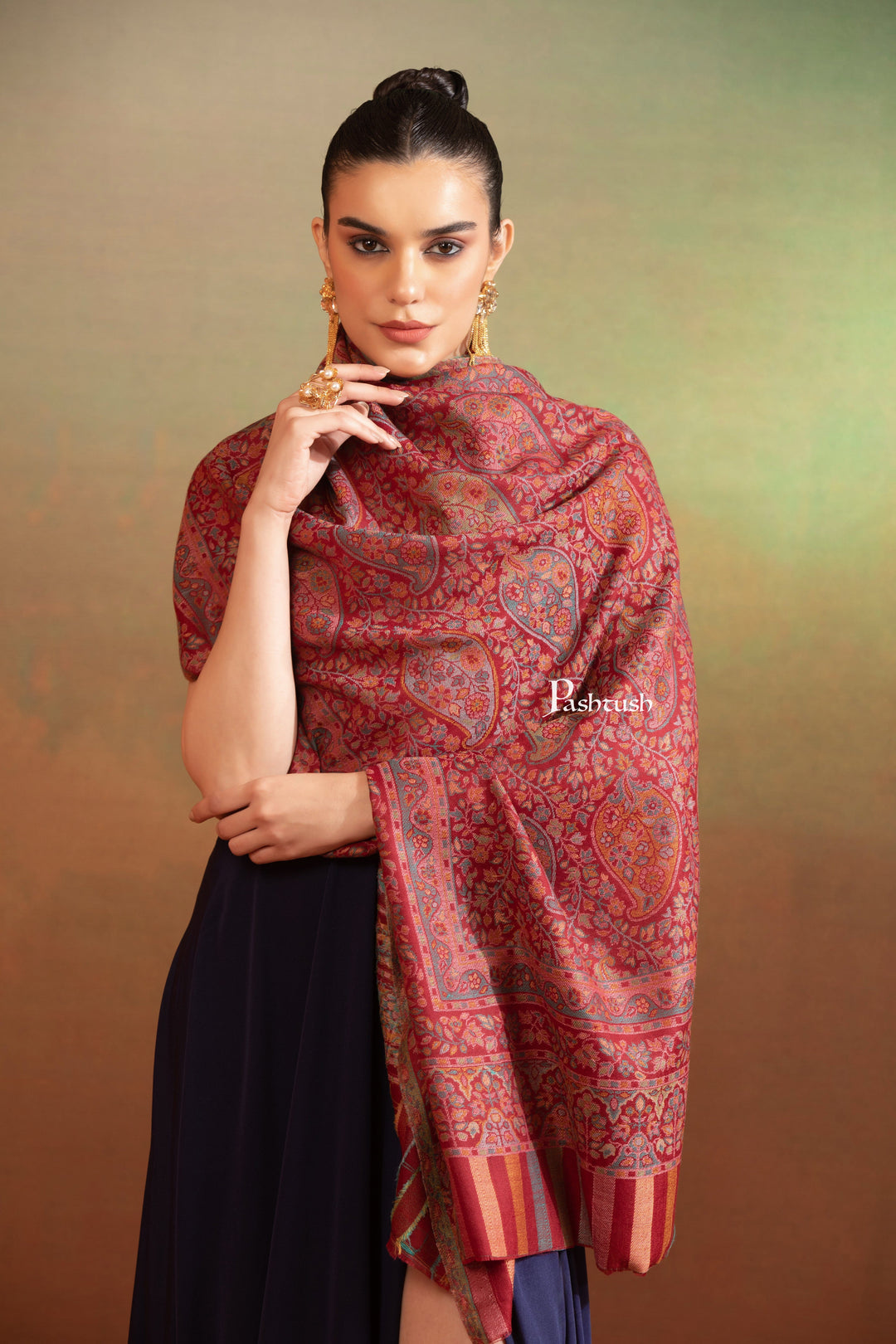 Pashtush India Womens Stole Pashtush Womens Extra Fine Wool Stole, Ethnic Weave Design, Crimson