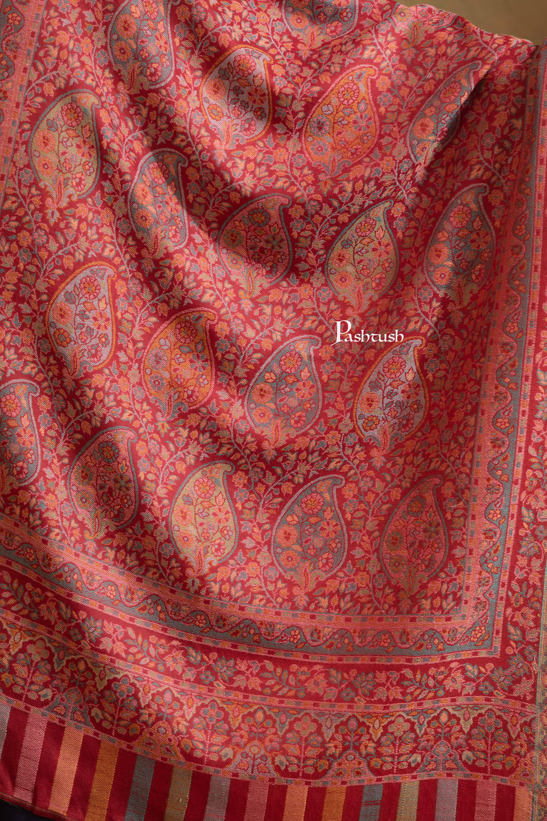 Pashtush India Womens Stole Pashtush Womens Extra Fine Wool Stole, Ethnic Weave Design, Crimson